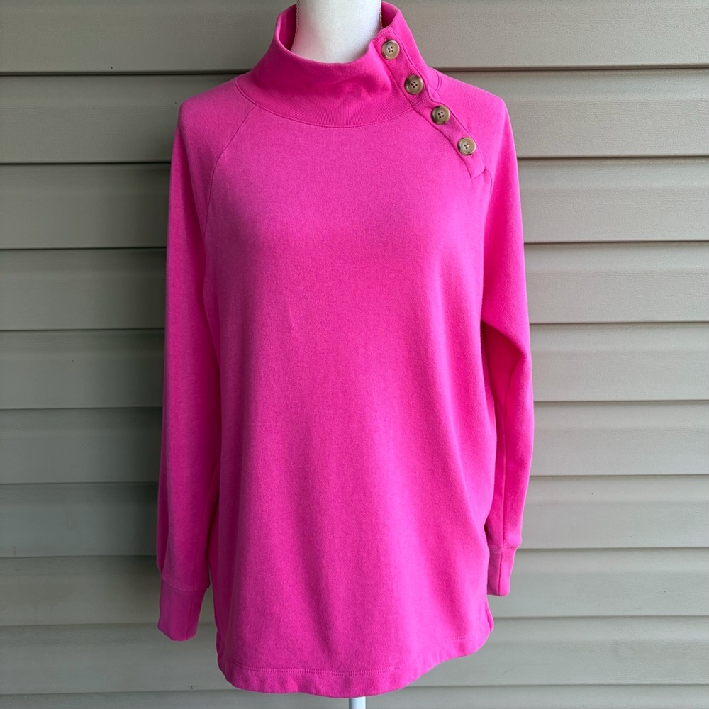 •J.Crew• Hot Pink Button-Neck Pullover Sweatshirt - Size Large